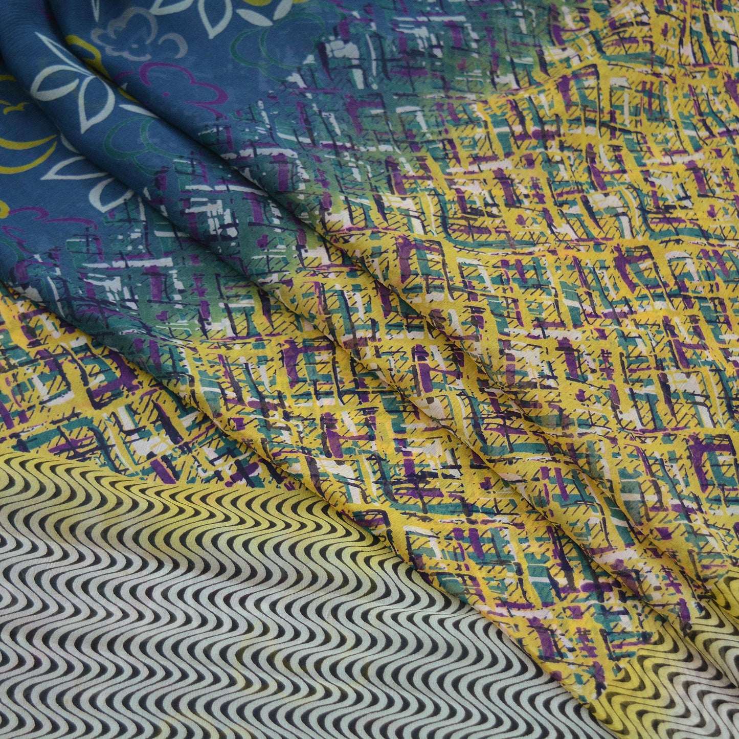 Vintage Sari Yellow & Green 100% Pure Chiffon Silk Printed Sarees Sewing 5yd Craft Fabric Soft Dress Designing for Crafting Floral