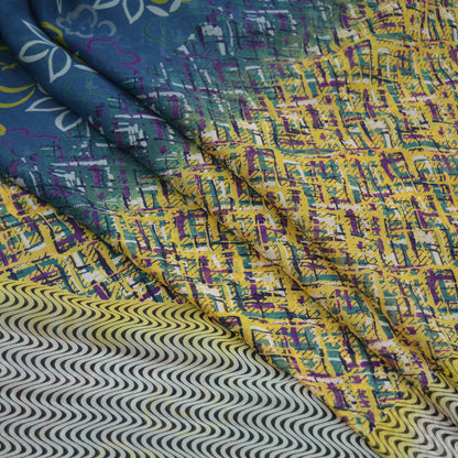 Vintage Sari Yellow & Green 100% Pure Chiffon Silk Printed Sarees Sewing 5yd Craft Fabric Soft Dress Designing for Crafting Floral