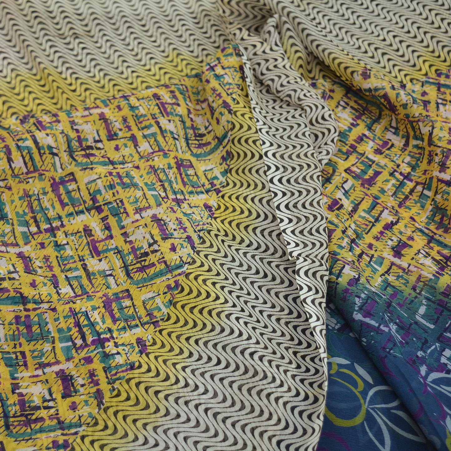 Vintage Sari Yellow & Green 100% Pure Chiffon Silk Printed Sarees Sewing 5yd Craft Fabric Soft Dress Designing for Crafting Floral