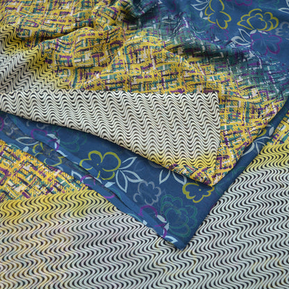 Vintage Sari Yellow & Green 100% Pure Chiffon Silk Printed Sarees Sewing 5yd Craft Fabric Soft Dress Designing for Crafting Floral