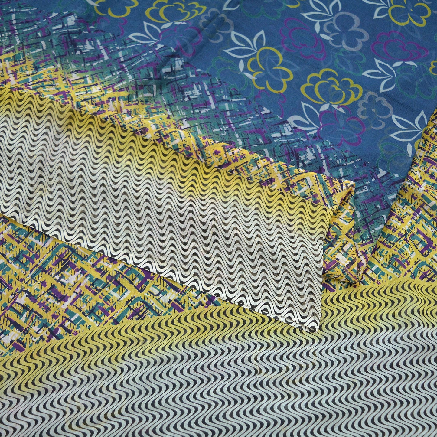 Vintage Sari Yellow & Green 100% Pure Chiffon Silk Printed Sarees Sewing 5yd Craft Fabric Soft Dress Designing for Crafting Floral