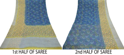 Vintage Sari Yellow & Green 100% Pure Chiffon Silk Printed Sarees Sewing 5yd Craft Fabric Soft Dress Designing for Crafting Floral