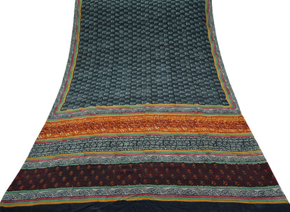 Indian Vintage Sari Black Pure Crepe Silk Printed Sarees Craft Fabric 5yd Sewing Floral Wrap Quilting Crafting Upcycle Dress making