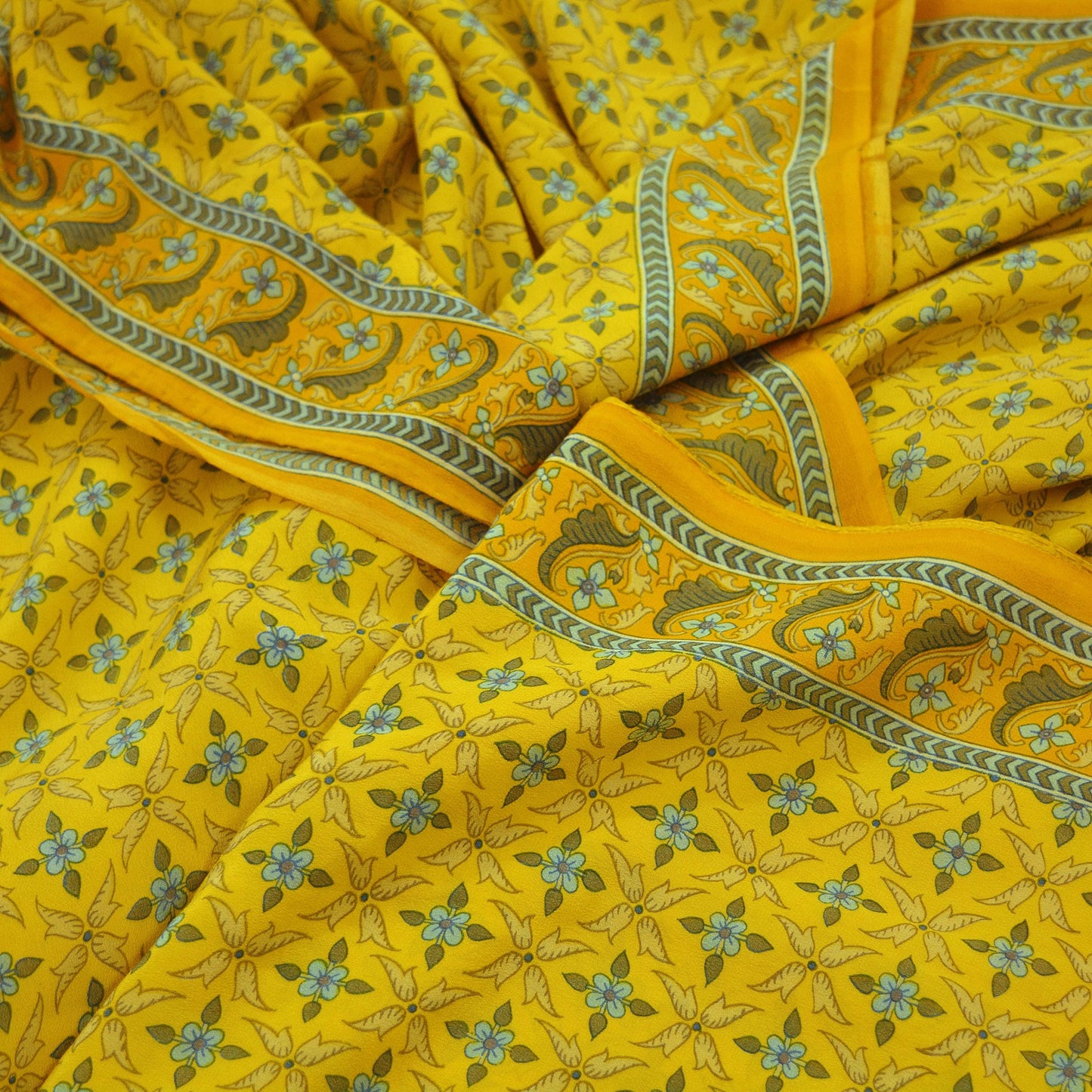 Indian Vintage Yellow & Mustard Saree Pure Crepe Silk Printed Sari 5yd Sewing Floral Soft Craft Fabric Wrap Fashion Dress making Crafting