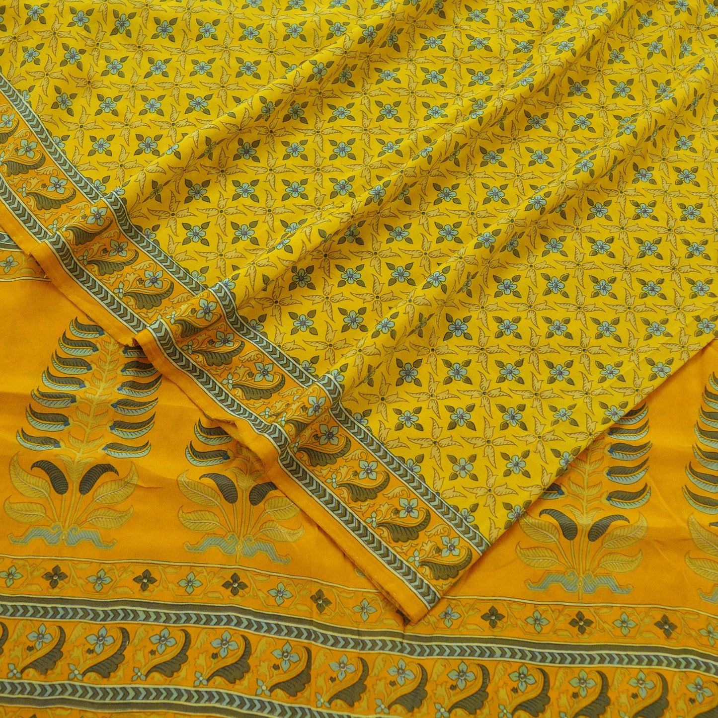 Indian Vintage Yellow & Mustard Saree Pure Crepe Silk Printed Sari 5yd Sewing Floral Soft Craft Fabric Wrap Fashion Dress making Crafting