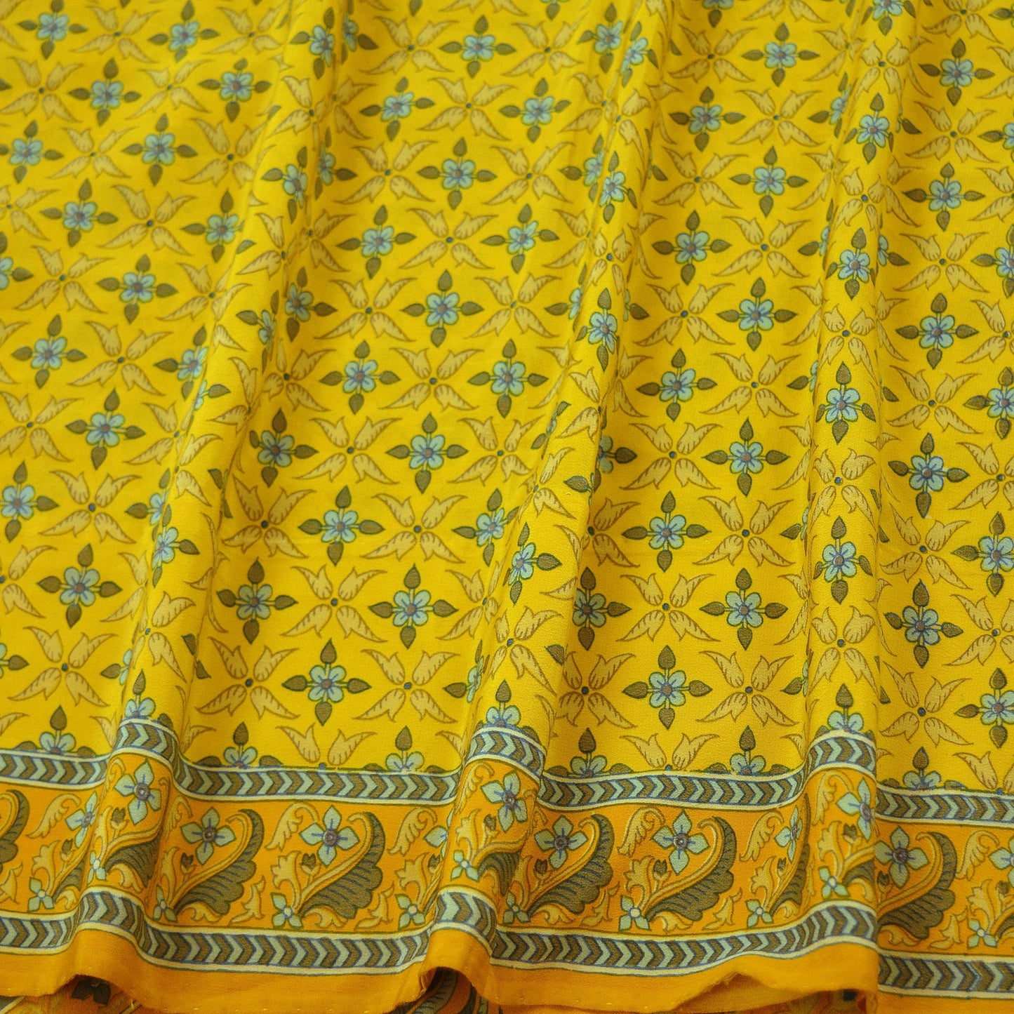 Indian Vintage Yellow & Mustard Saree Pure Crepe Silk Printed Sari 5yd Sewing Floral Soft Craft Fabric Wrap Fashion Dress making Crafting