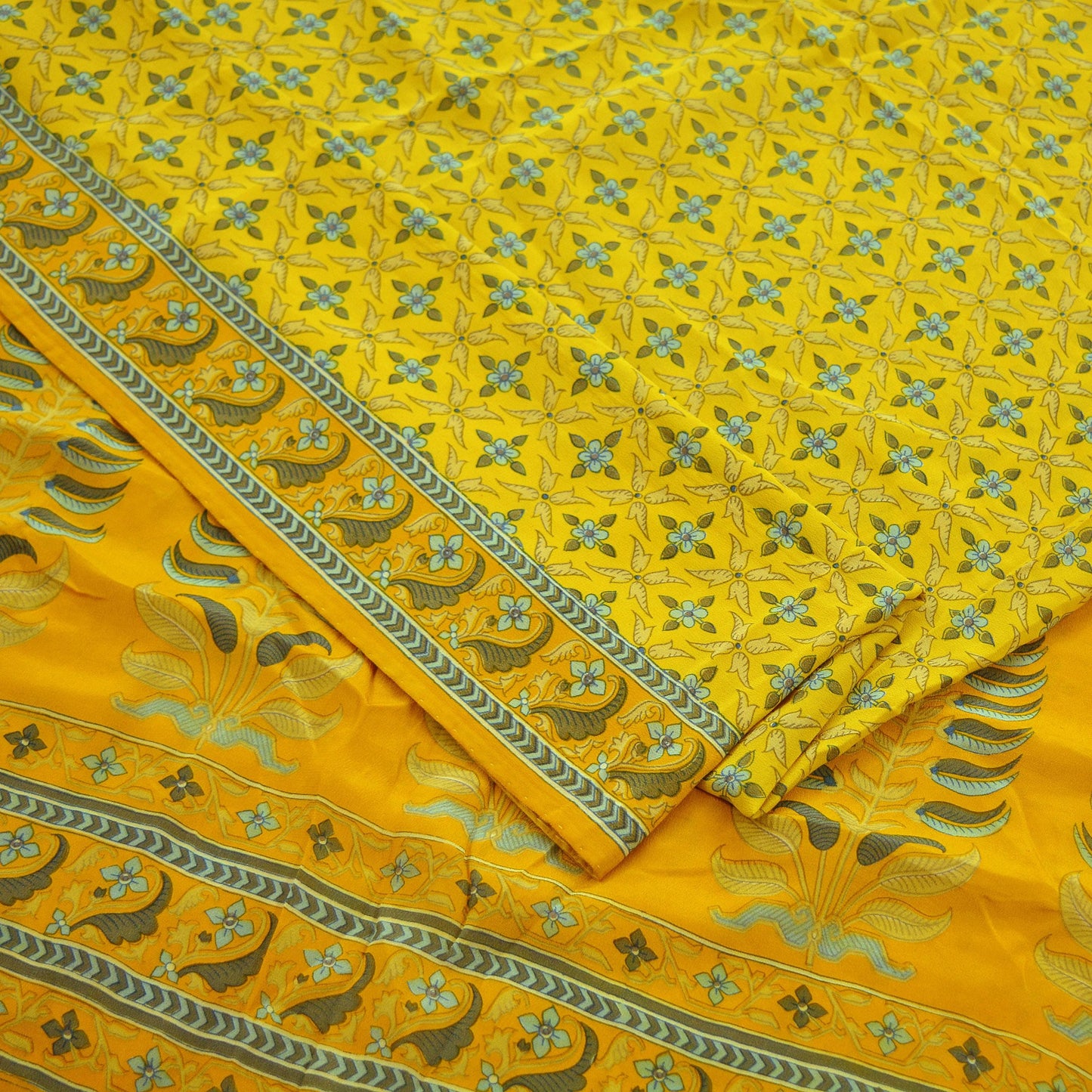 Indian Vintage Yellow & Mustard Saree Pure Crepe Silk Printed Sari 5yd Sewing Floral Soft Craft Fabric Wrap Fashion Dress making Crafting