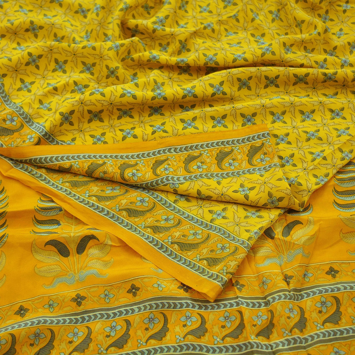 Indian Vintage Yellow & Mustard Saree Pure Crepe Silk Printed Sari 5yd Sewing Floral Soft Craft Fabric Wrap Fashion Dress making Crafting