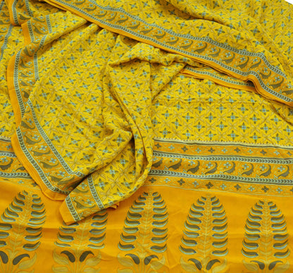 Indian Vintage Yellow & Mustard Saree Pure Crepe Silk Printed Sari 5yd Sewing Floral Soft Craft Fabric Wrap Fashion Dress making Crafting