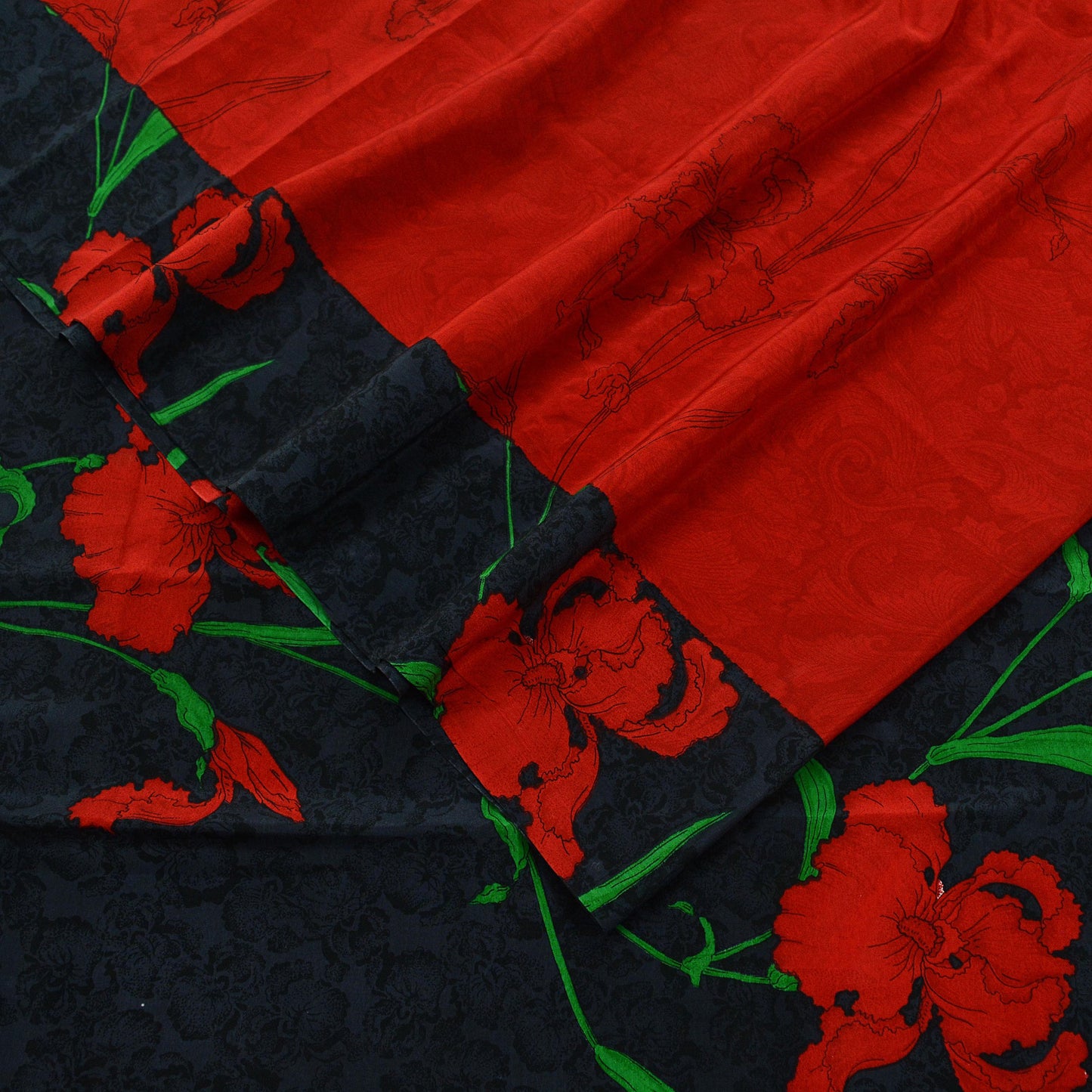 Indian Vintage Sari Red & Black Pure Crepe Silk Printed Sarees Craft Fabric 6yd Sewing Floral Soft Wrap Dress making Upcycle Crafting