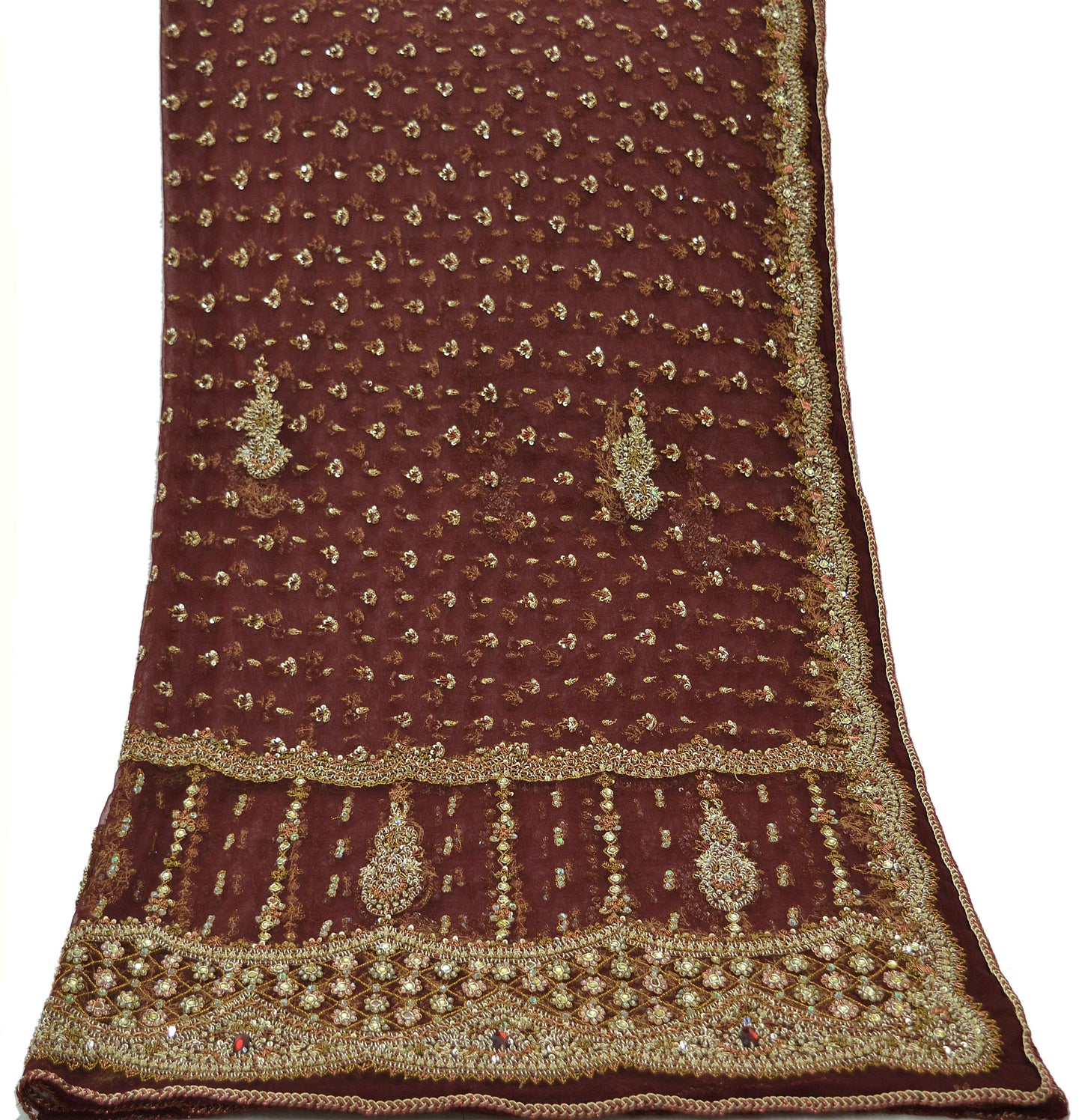 Indian Vintage Heavy Wedding Maroon Dupatta Net Mesh Long Stole Hand Embroidered Scarves Golden Zardozi Zari Sequins Dridal Veil Hijab