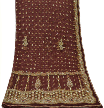 Indian Vintage Heavy Wedding Maroon Dupatta Net Mesh Long Stole Hand Embroidered Scarves Golden Zardozi Zari Sequins Dridal Veil Hijab