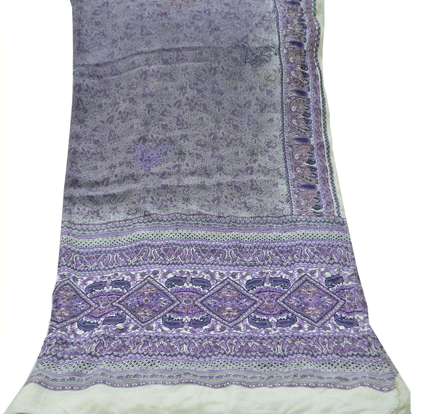 Women Indian Vintage Purple & Ivory Dupatta Long Stole Pure Crepe silk Printed Embroidered Dupatta Veil Scarves soft Boho Wrap