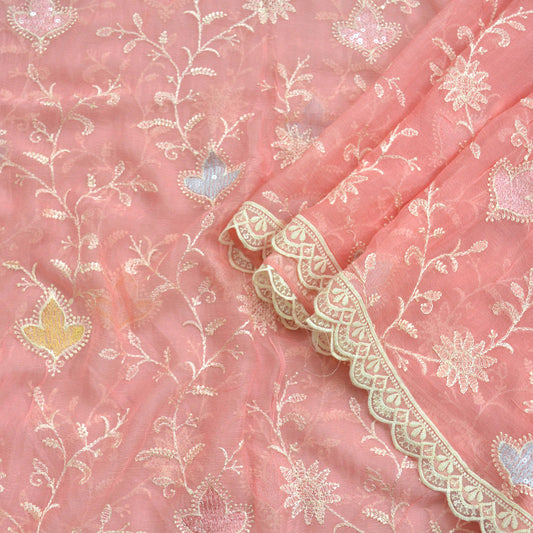 Indian Vintage Pink Dupatta Blend Chiffon Long Stole Embroidered Scarves Floral Design Stole Veil Wrap