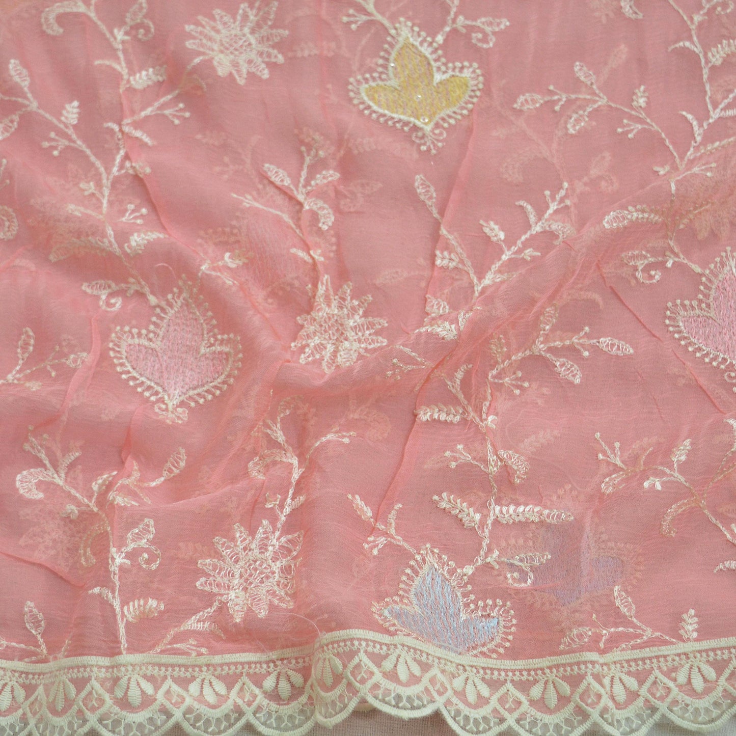 Indian Vintage Pink Dupatta Blend Chiffon Long Stole Embroidered Scarves Floral Design Stole Veil Wrap