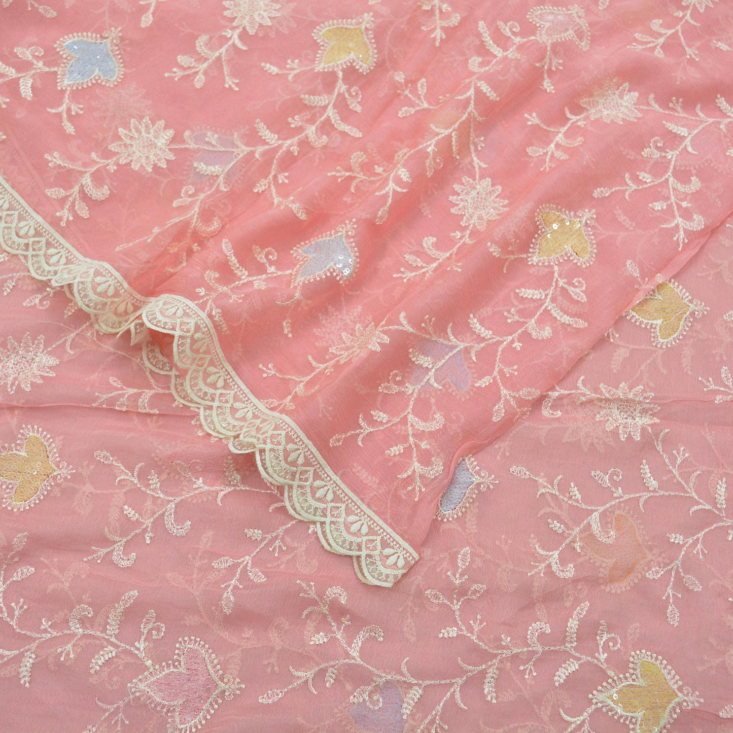 Indian Vintage Pink Dupatta Blend Chiffon Long Stole Embroidered Scarves Floral Design Stole Veil Wrap