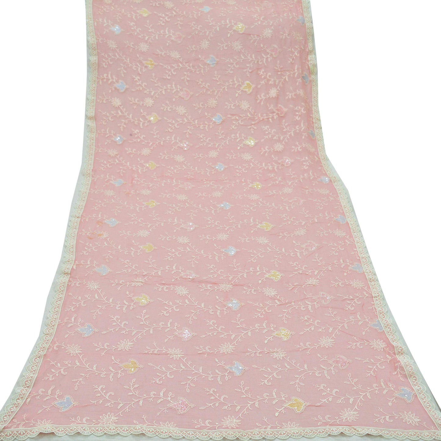 Indian Vintage Pink Dupatta Blend Chiffon Long Stole Embroidered Scarves Floral Design Stole Veil Wrap