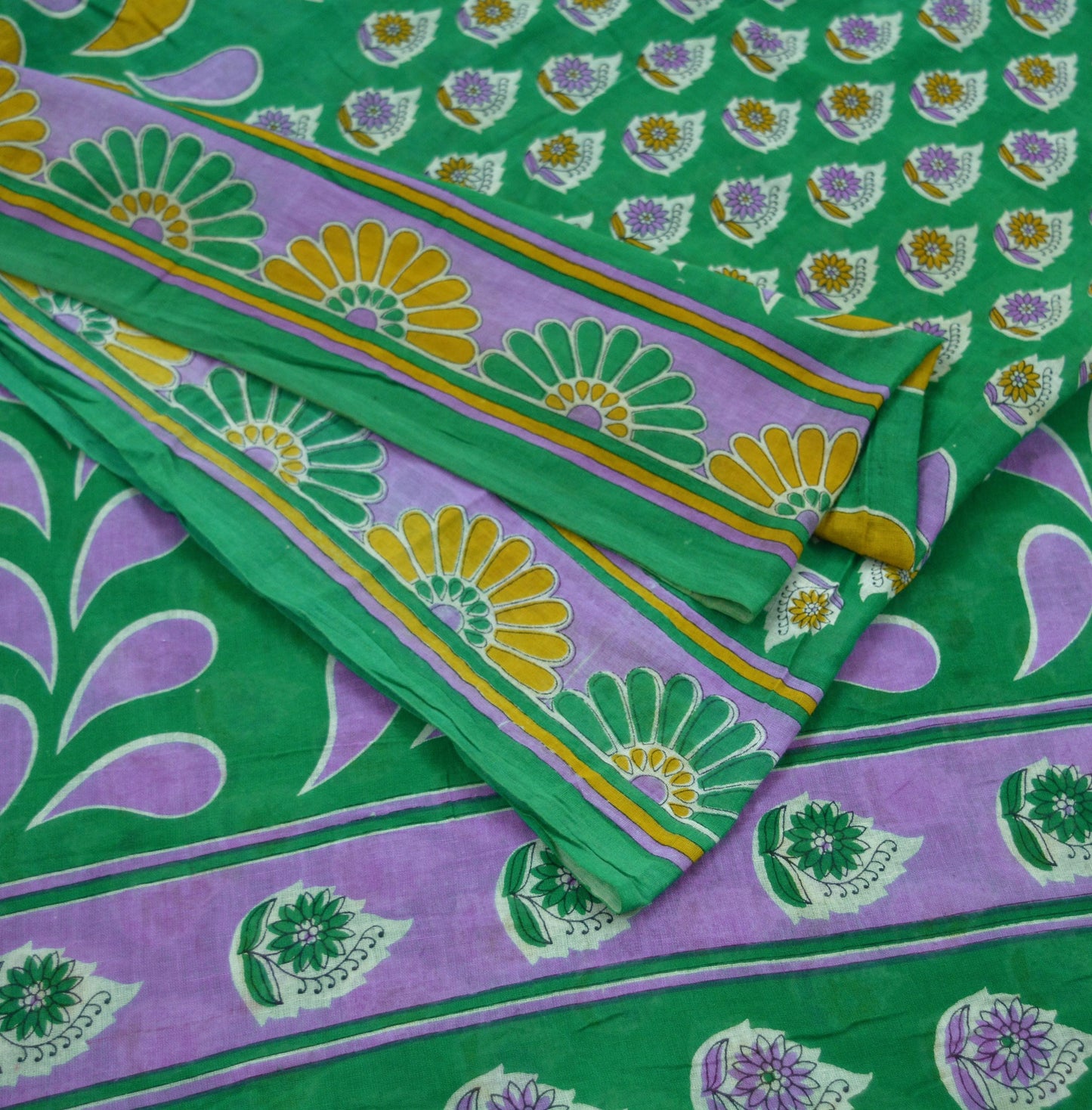 Indian Vintage Green Saree Printed Pure Cotton Indian Sari Craft Soft Fabric 5Yard Sewing Sarong Wrap Boho Floral