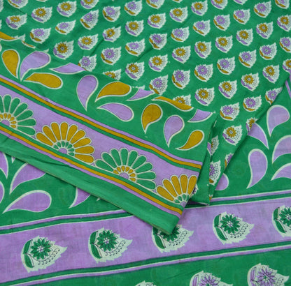 Indian Vintage Green Saree Printed Pure Cotton Indian Sari Craft Soft Fabric 5Yard Sewing Sarong Wrap Boho Floral
