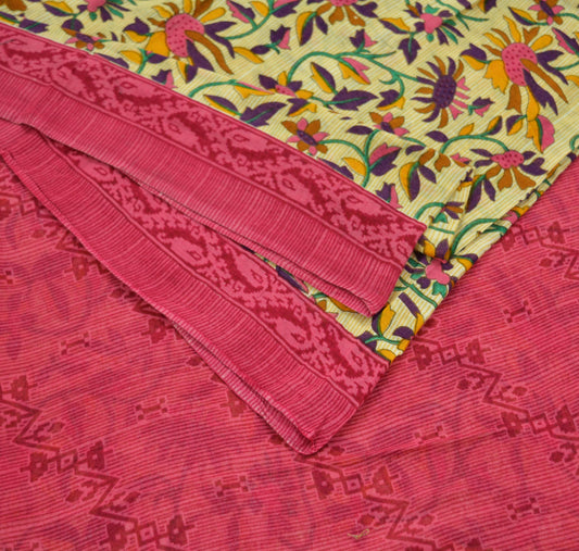 Indian Vintage Pink & Beige Saree Printed 100% Pure Cotton Sari Craft Fabric 5Yd Soft Sewing Sarong Wrap Floral Dress making Quilting
