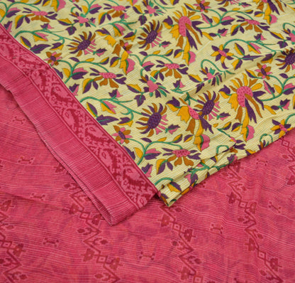Indian Vintage Pink & Beige Saree Printed 100% Pure Cotton Sari Craft Fabric 5Yd Soft Sewing Sarong Wrap Floral Dress making Quilting