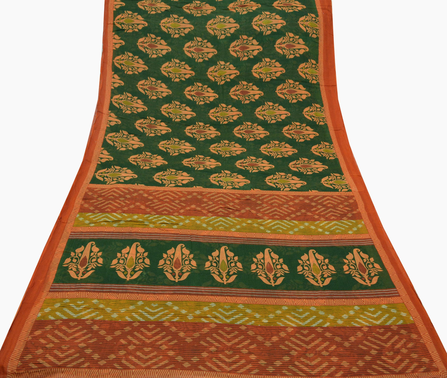 Indian Vintage Green & Rusty Saree Printed Pure Cotton Sari Craft Fabric Soft 5Yd Sewing Sarong Wrap Boho Floral Dress Making Quilting