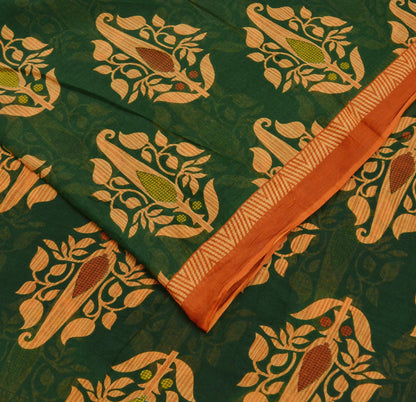 Indian Vintage Green & Rusty Saree Printed Pure Cotton Sari Craft Fabric Soft 5Yd Sewing Sarong Wrap Boho Floral Dress Making Quilting