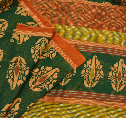 Indian Vintage Green & Rusty Saree Printed Pure Cotton Sari Craft Fabric Soft 5Yd Sewing Sarong Wrap Boho Floral Dress Making Quilting