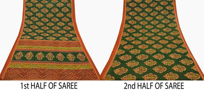 Indian Vintage Green & Rusty Saree Printed Pure Cotton Sari Craft Fabric Soft 5Yd Sewing Sarong Wrap Boho Floral Dress Making Quilting