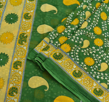 Indian Vintage Green Saree Printed Pure Cotton Indian Sari Craft Soft Fabric 5Yard Sewing Sarong Wrap Boho Floral