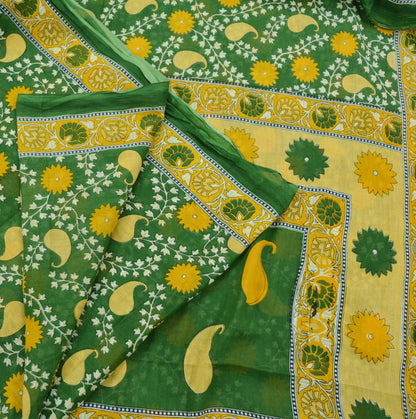 Indian Vintage Green Saree Printed Pure Cotton Indian Sari Craft Soft Fabric 5Yard Sewing Sarong Wrap Boho Floral