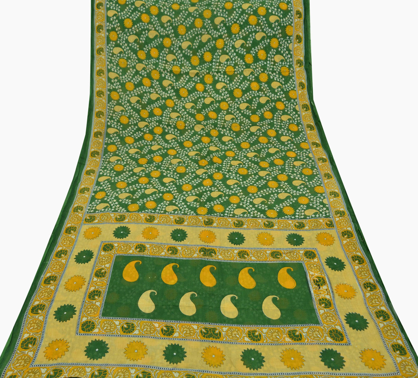 Indian Vintage Green Saree Printed Pure Cotton Indian Sari Craft Soft Fabric 5Yard Sewing Sarong Wrap Boho Floral