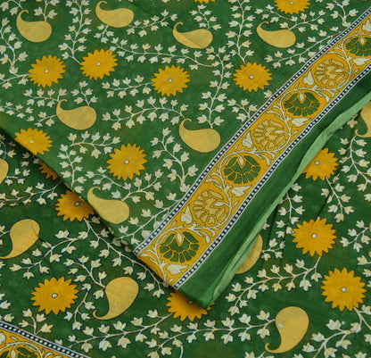 Indian Vintage Green Saree Printed Pure Cotton Indian Sari Craft Soft Fabric 5Yard Sewing Sarong Wrap Boho Floral