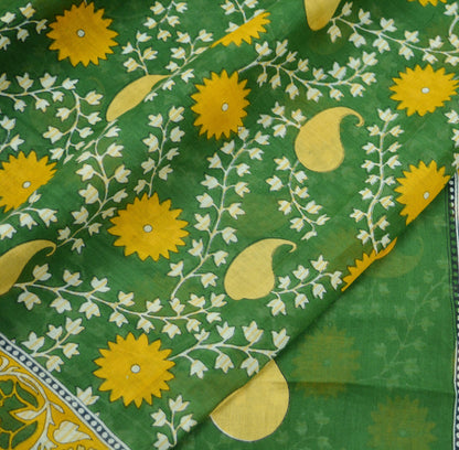 Indian Vintage Green Saree Printed Pure Cotton Indian Sari Craft Soft Fabric 5Yard Sewing Sarong Wrap Boho Floral