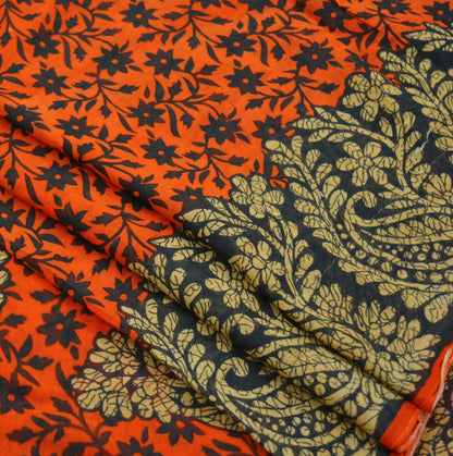 Indian Vintage Sari Black & Orange Printed Pure Cotton Saree Craft Fabric Soft Floral 5Yd Sarong Wrap Boho Kimono Soft Dress making Quilting