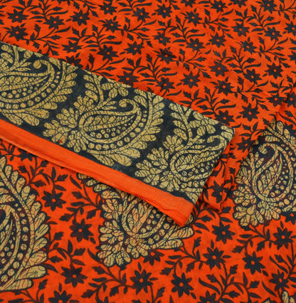 Indian Vintage Sari Black & Orange Printed Pure Cotton Saree Craft Fabric Soft Floral 5Yd Sarong Wrap Boho Kimono Soft Dress making Quilting