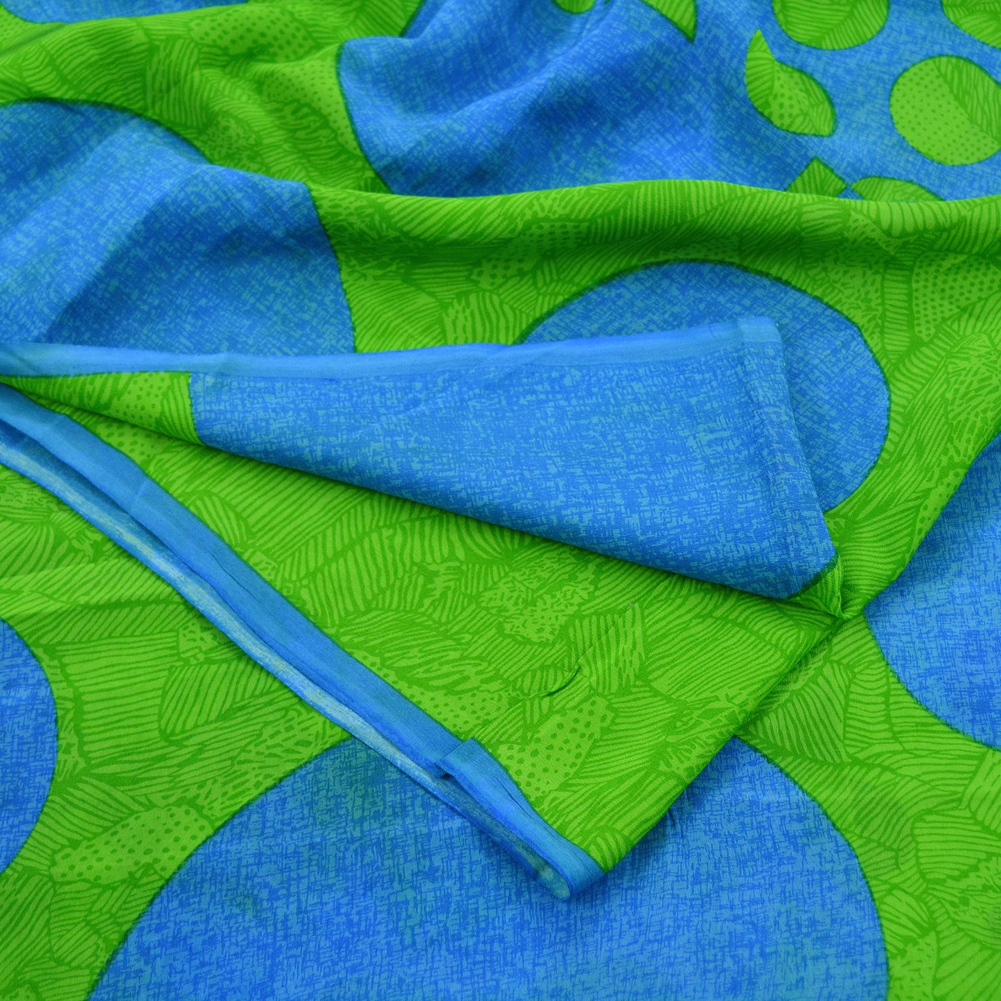 Indian Vintage Sari Blue & Green Pure Crepe Silk Printed Saree 5yd Sewing Soft Craft Fabric Wrap Dress making Quilting Crafting Upcycle