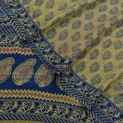 Indian Vintage Beige & Blue Saree Pure Crepe Silk Printed Sari 5yd Sewing Paisley Soft Craft Fabric Wrap Dress Making Quilting Crafting