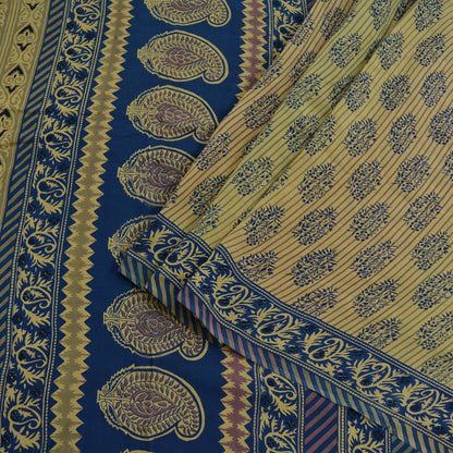 Indian Vintage Beige & Blue Saree Pure Crepe Silk Printed Sari 5yd Sewing Paisley Soft Craft Fabric Wrap Dress Making Quilting Crafting