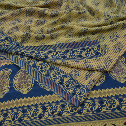 Indian Vintage Beige & Blue Saree Pure Crepe Silk Printed Sari 5yd Sewing Paisley Soft Craft Fabric Wrap Dress Making Quilting Crafting