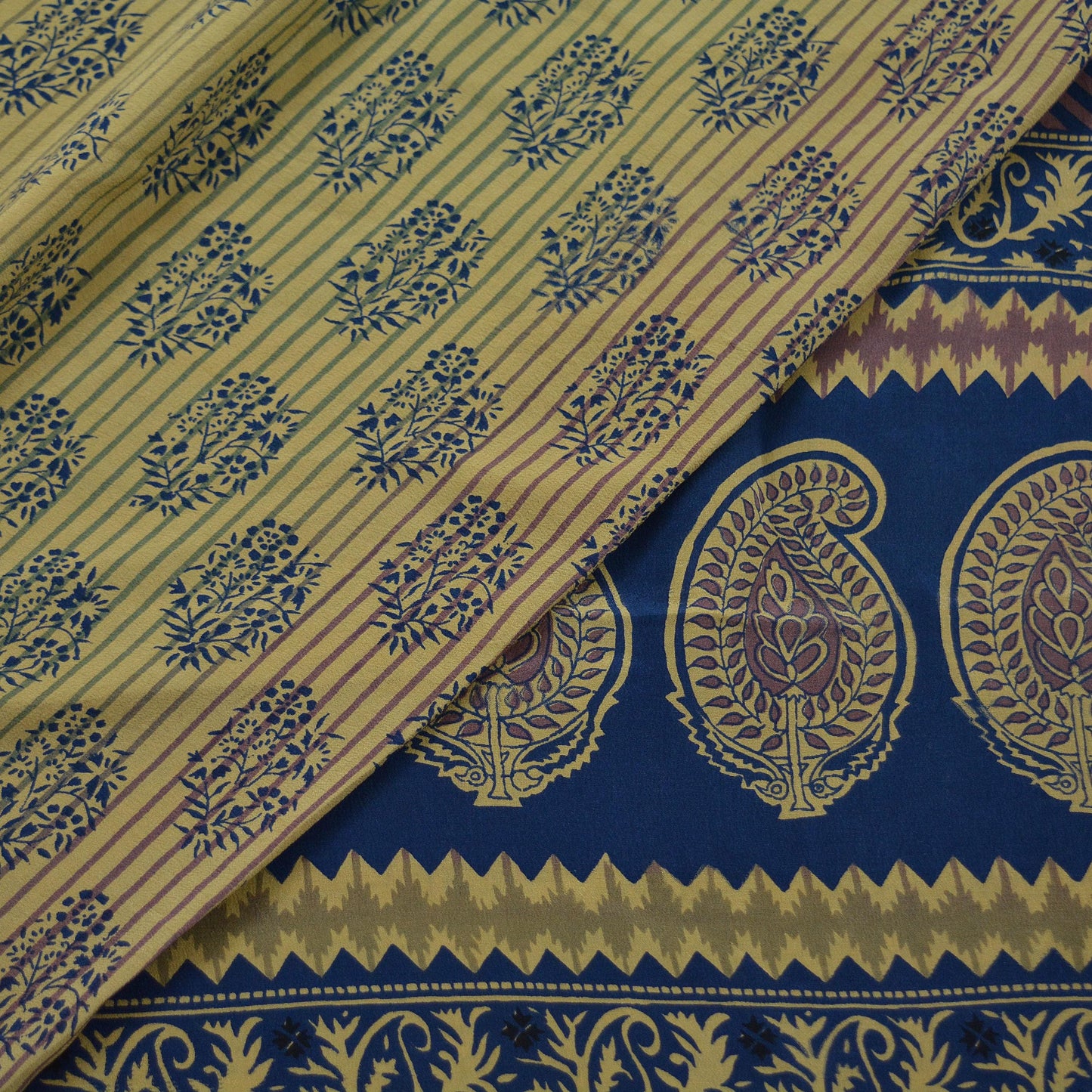 Indian Vintage Beige & Blue Saree Pure Crepe Silk Printed Sari 5yd Sewing Paisley Soft Craft Fabric Wrap Dress Making Quilting Crafting