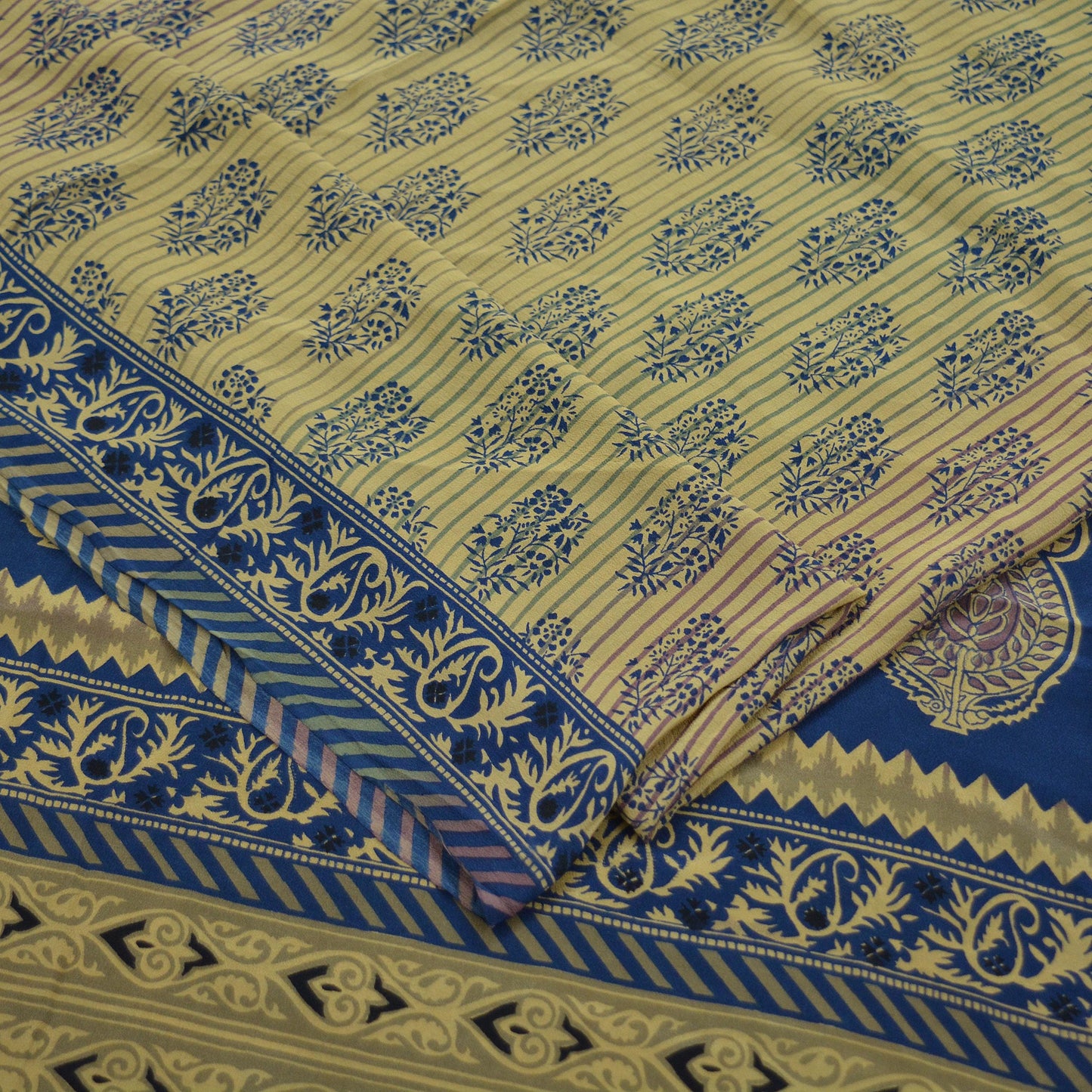 Indian Vintage Beige & Blue Saree Pure Crepe Silk Printed Sari 5yd Sewing Paisley Soft Craft Fabric Wrap Dress Making Quilting Crafting