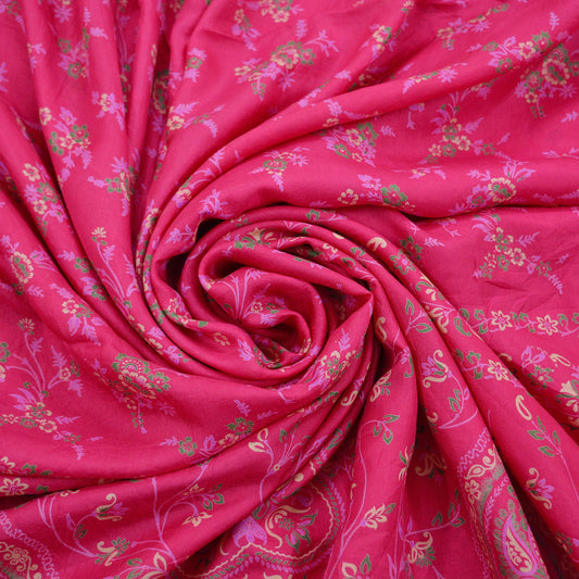 Indian Vintage Sari Pink 100% Pure Silk Woven Printed Sarees Craft Fabric 5yd Sewing Dress Making Floral Upcycle Quilting Crafting Used