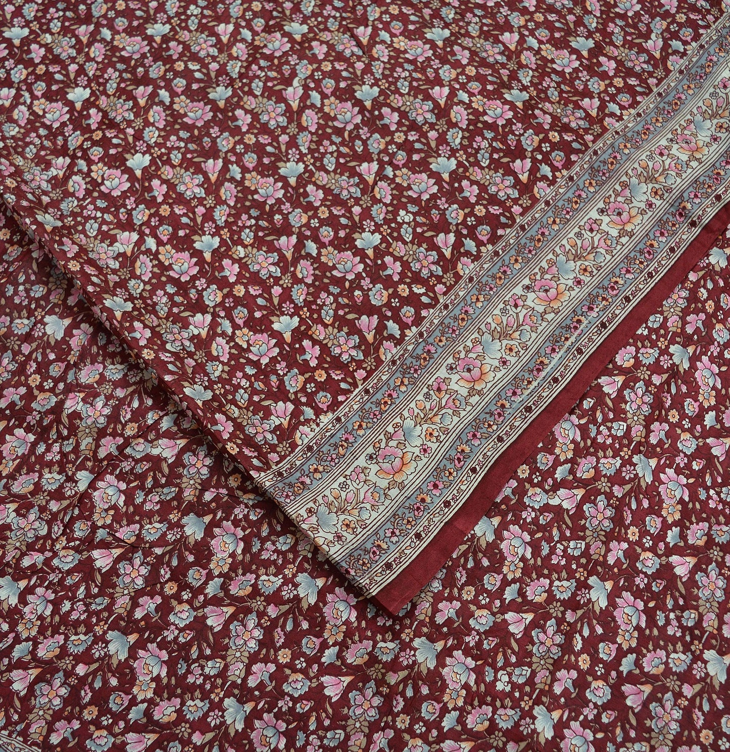 Indian Vintage Sari Maroon 100% Pure Silk Printed Sarees 5yd Craft Fabric Sewing Soft Dress Making Floral Quilting Crafting Upcycle Used