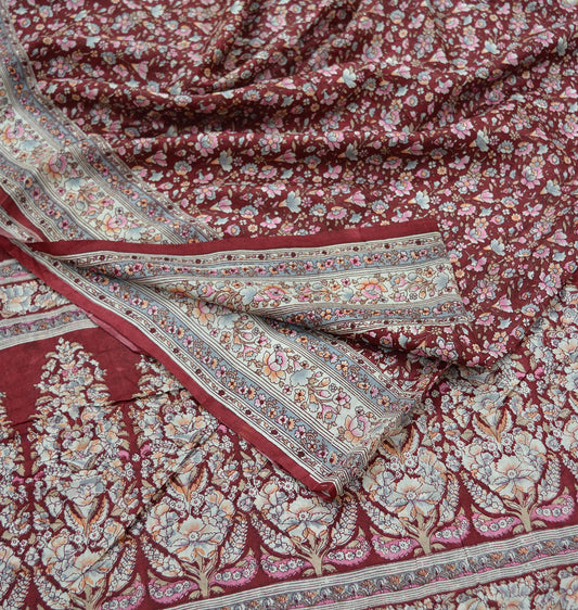 Indian Vintage Sari Maroon 100% Pure Silk Printed Sarees 5yd Craft Fabric Sewing Soft Dress Making Floral Quilting Crafting Upcycle Used