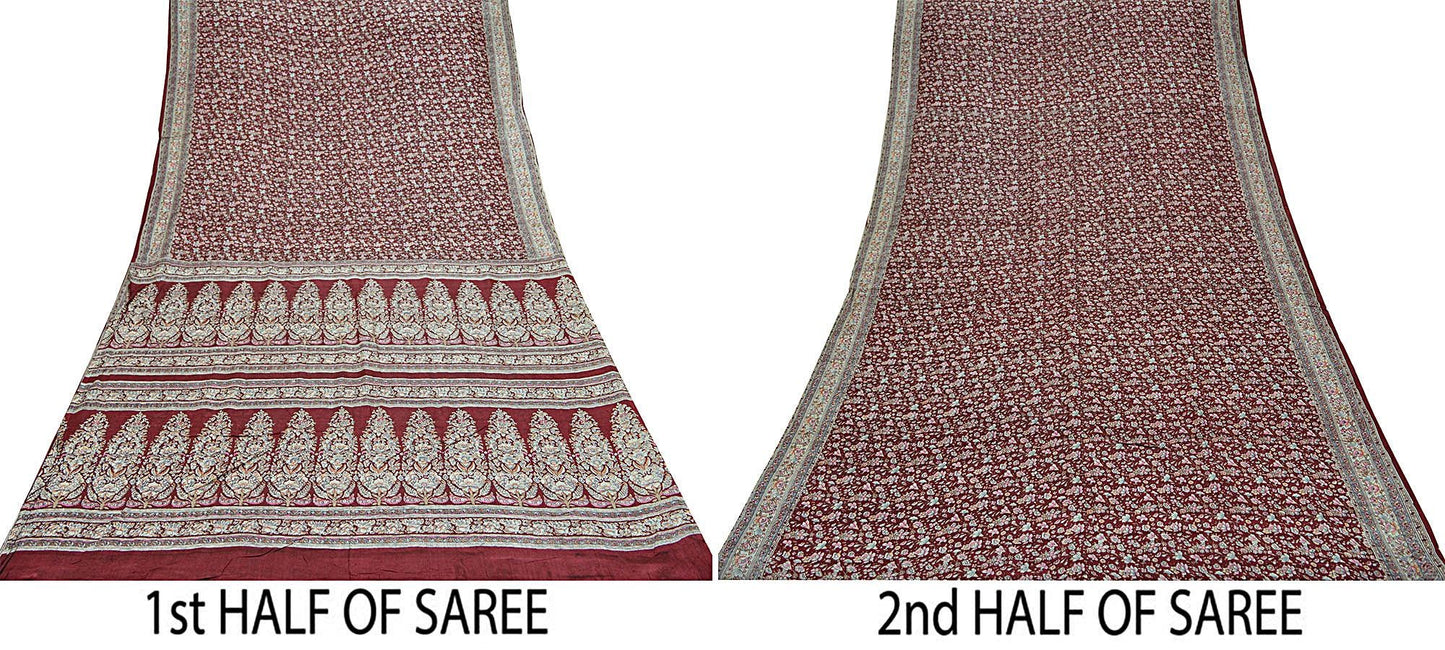 Indian Vintage Sari Maroon 100% Pure Silk Printed Sarees 5yd Craft Fabric Sewing Soft Dress Making Floral Quilting Crafting Upcycle Used