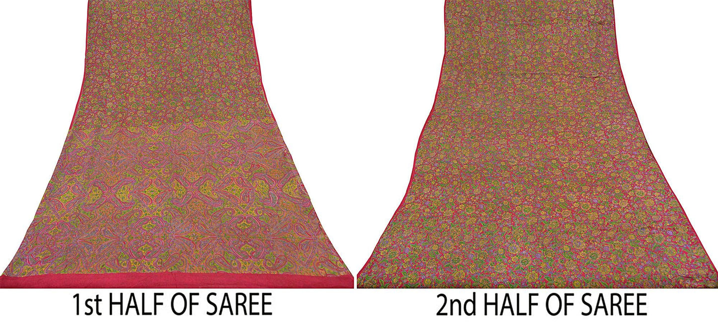 Indian Vintage Sari Pink 100% Pure Silk Sarees Printed 5yd Sewing Craft Fabric DressMaking Soft Paisley Zari Quilting Crafting Upcycle Used