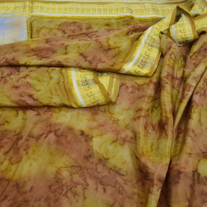 Indian Vintage Green & Brown Saree Pure Silk Printed Sari 5yd Sewing Zari Craft Fabric Dress Making Soft Crafting Quilting