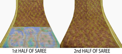 Indian Vintage Green & Brown Saree Pure Silk Printed Sari 5yd Sewing Zari Craft Fabric Dress Making Soft Crafting Quilting