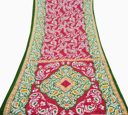 Indian Vintage Sari Red & Green Batik Printed Saree 100% Pure Cotton 5Yd Craft Fabric Soft Sewing Sarong Wrap Boho Quilting Dress Making